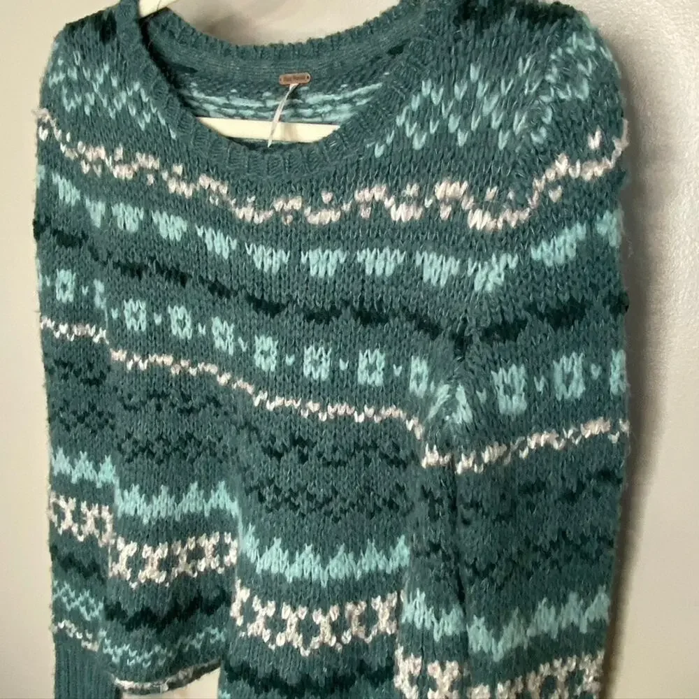 Women's Free People Through the Storm Wool Blend Fair Isle Sweater Green XS - Picture 3 of 11